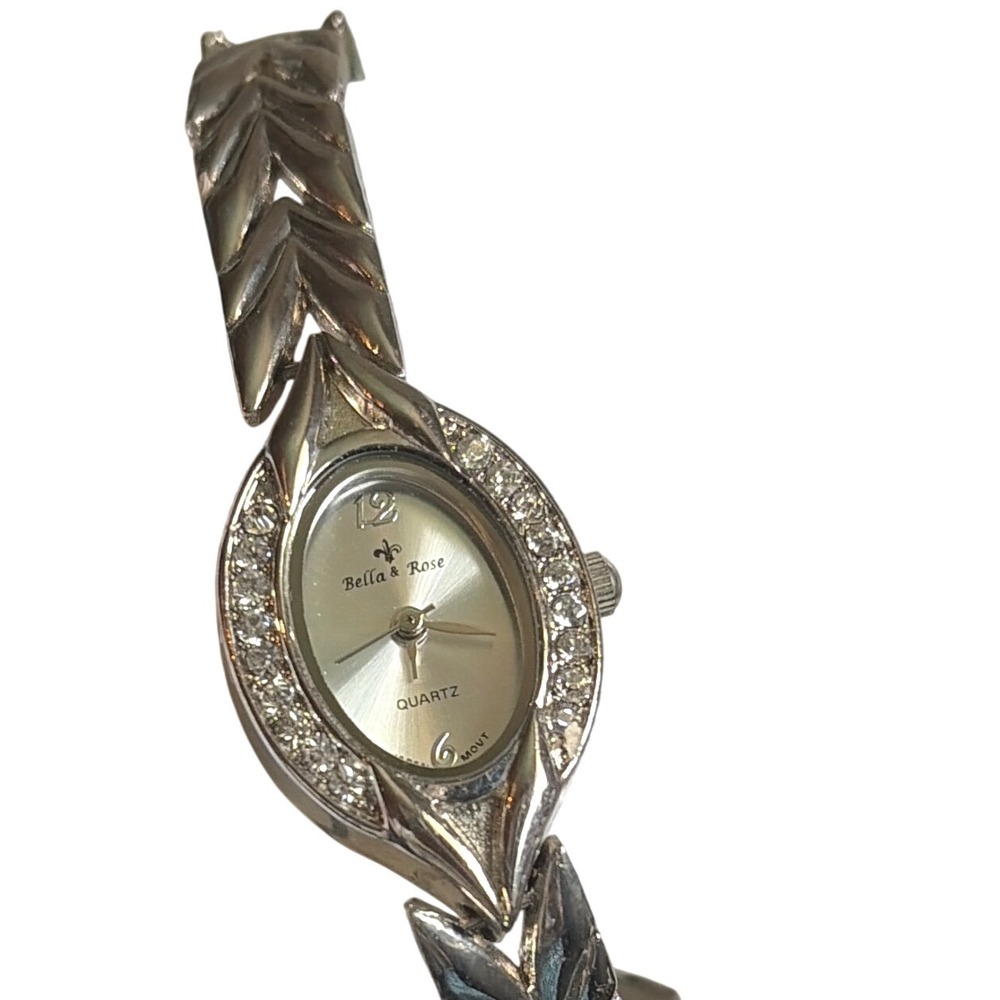 Bella & Rose Silver Tone Crystal Marquise Chevron Link Quartz 8"NEW Battery